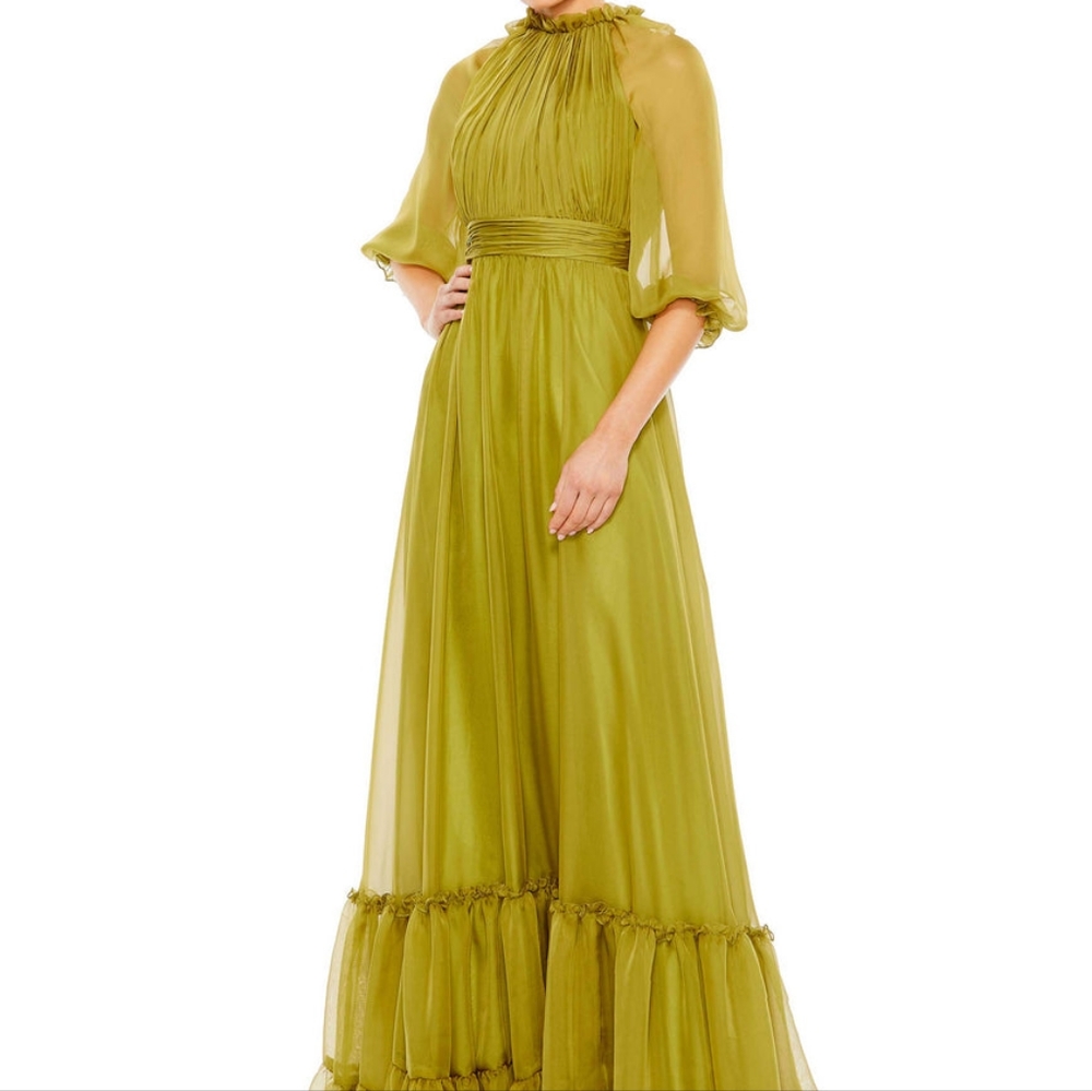 Mac Duggal Sheer Sleeve Gathered Chiffon A-Line Gown Size 8